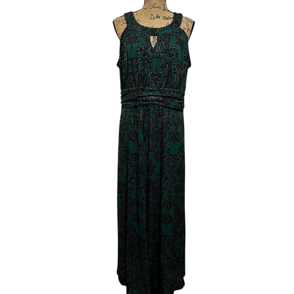 Emerald Green Damask Maxi Dress with Gold Glitter Details 16W